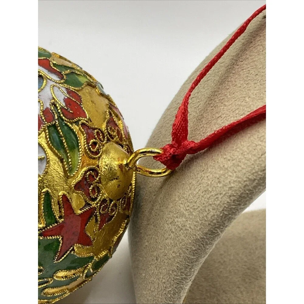 Cloisonne Gold Christmas Tree Ornament with Red Ribbon - Excellent Condition